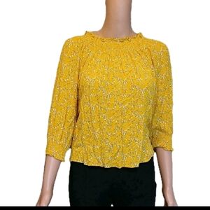 Melloday Sz S Yellow Floral Women's Top blouse Rubber Neck 3/4 Sleves